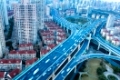 modern city overpass close-up, blue elevated road junction